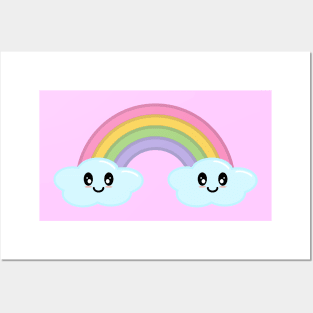 Kawaii Cute Happy Rainbow and Clouds in Pink Posters and Art